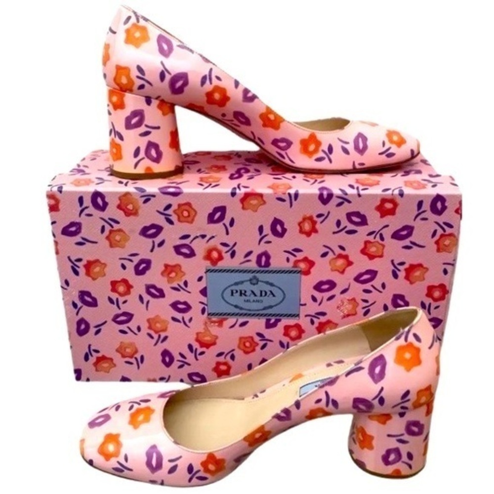 Prada Floral Patent Block Heal Pump Sz 8.5